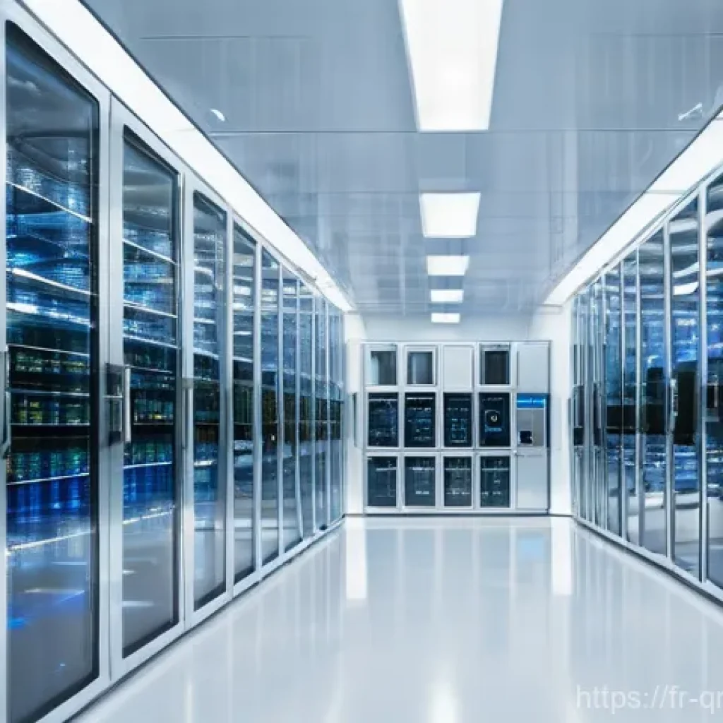 양자 알고리즘의 비용 분석 - **A wide-angle shot of a state-of-the-art quantum computing research facility.** The scene features ...