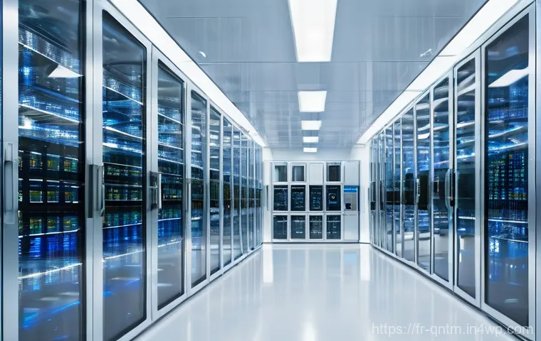 양자 알고리즘의 비용 분석 - **A wide-angle shot of a state-of-the-art quantum computing research facility.** The scene features ...
