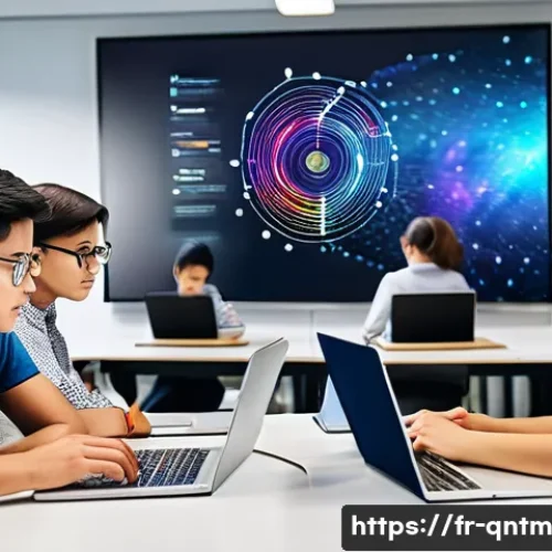 Home 33 양자 알고리즘의 교육 및 학습 방법 - A modern university classroom setting with diverse students collaborating on a quantum computing pro...