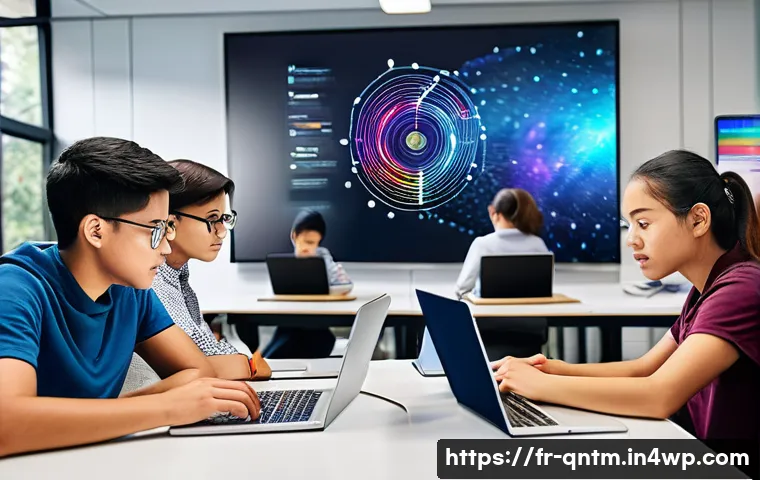 양자 알고리즘의 교육 및 학습 방법 - A modern university classroom setting with diverse students collaborating on a quantum computing pro...