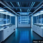Home 19 양자 컴퓨팅의 주요 기술 혁신 - A futuristic quantum computing laboratory in Paris, featuring a sleek trapped-ion quantum computer w...