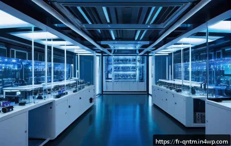 양자 컴퓨팅의 주요 기술 혁신 - A futuristic quantum computing laboratory in Paris, featuring a sleek trapped-ion quantum computer w...