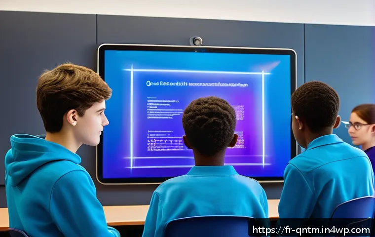 양자 컴퓨팅의 교육적 응용 분야 - A modern French high school classroom with diverse teenage students actively engaging with interacti...