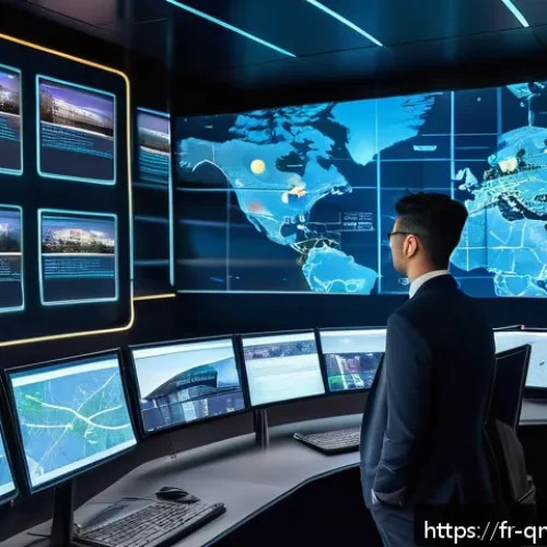 Home 17 양자 컴퓨터의 산업별 성공 사례 - A futuristic logistics control room in Paris with large holographic displays showing optimized deliv...