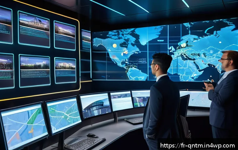 양자 컴퓨터의 산업별 성공 사례 - A futuristic logistics control room in Paris with large holographic displays showing optimized deliv...
